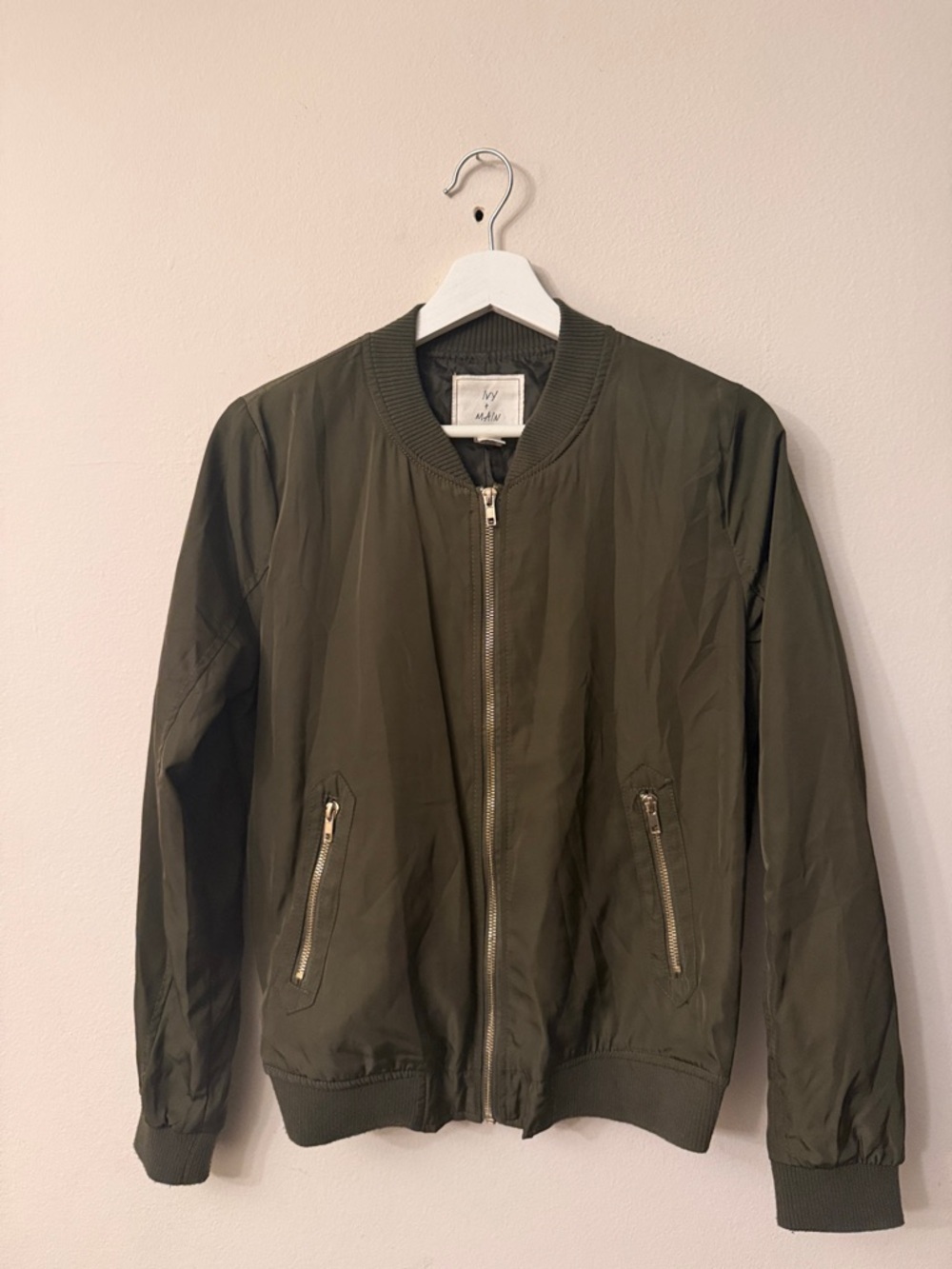 Olive Green Bomber Jacket with Zip Pockets - by Wild Fable